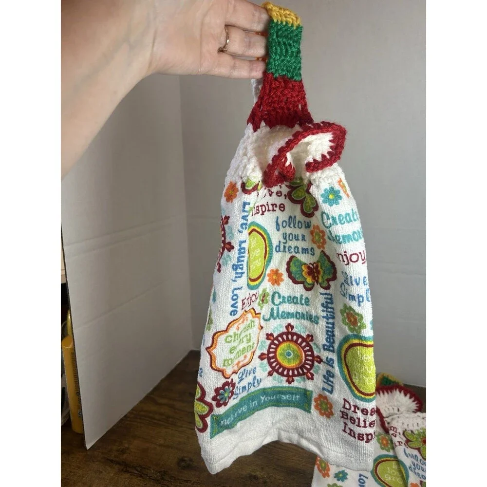 Set Of 2 Inspirational Hanging Kitchen Towels Crochet Top Cottagecore Decor Set